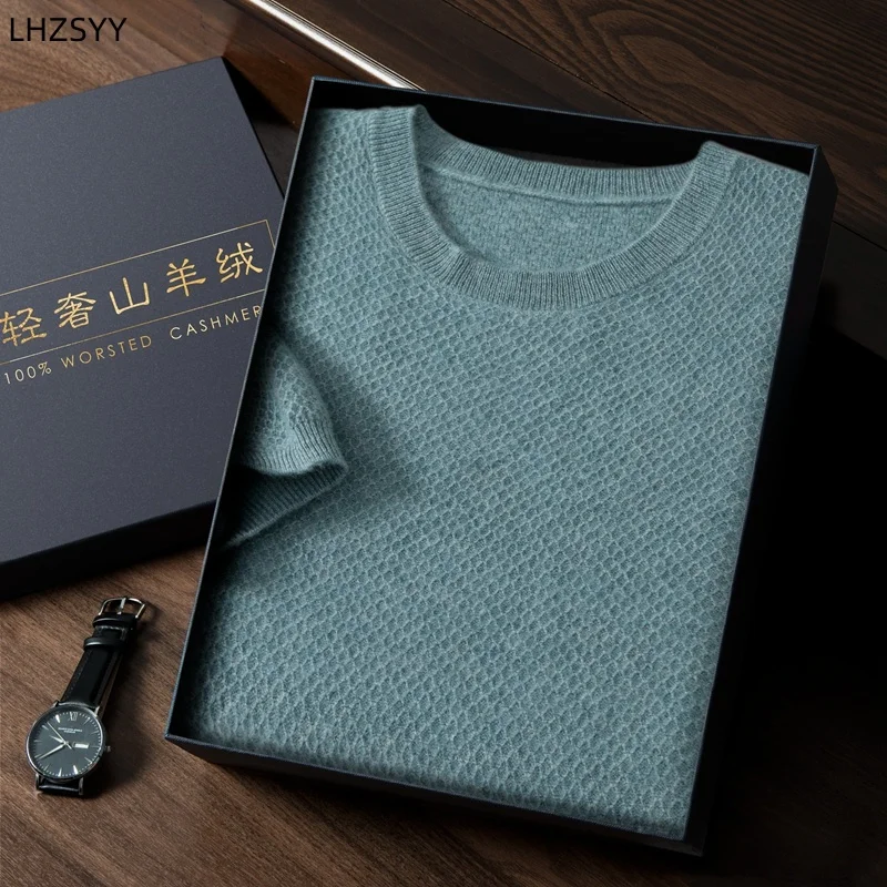 

LHZSYY 100%Pure Cashmere Knit Short-Sleeved Men's O-Neck Pullover T-shirt Casual Honeycomb Needle Tops Loose Semi-Sleeve Sweater