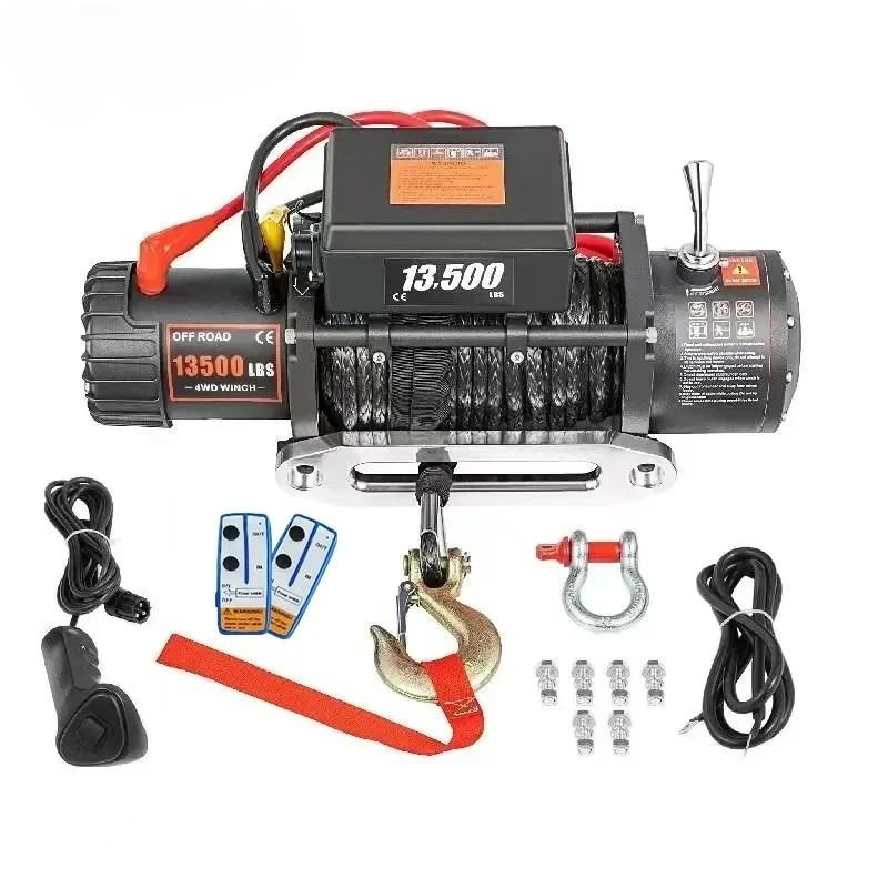 13500LBS Electric Winch Synthetic 12V Tow Rope 27M/92FT Lifting Hoist for 4X4 Car Trailer ATV Truck