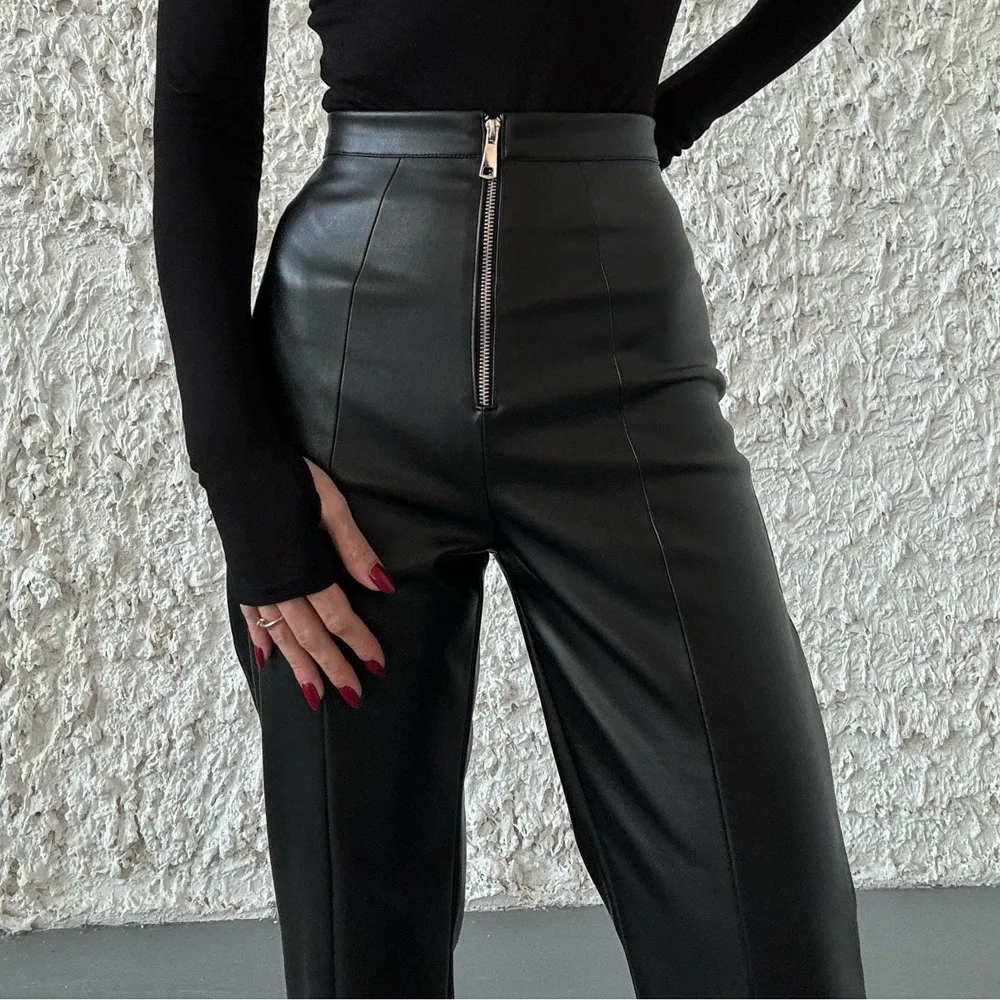 

Женские кожаные брюки Slim Fit с высокой талией, прямые, с передней молнией, элегантные черные рабочие брюки с центральным швом