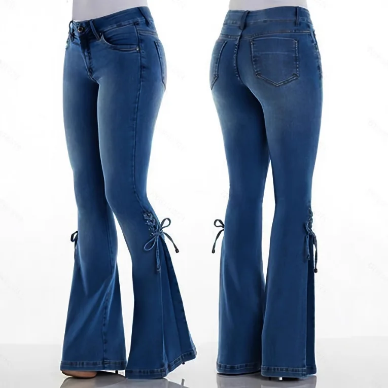 European American Women Elastic Flare Pants Mid Waist Drawstring Design Retro Washed Slim Long Jeans Streetwear Daily Trousers