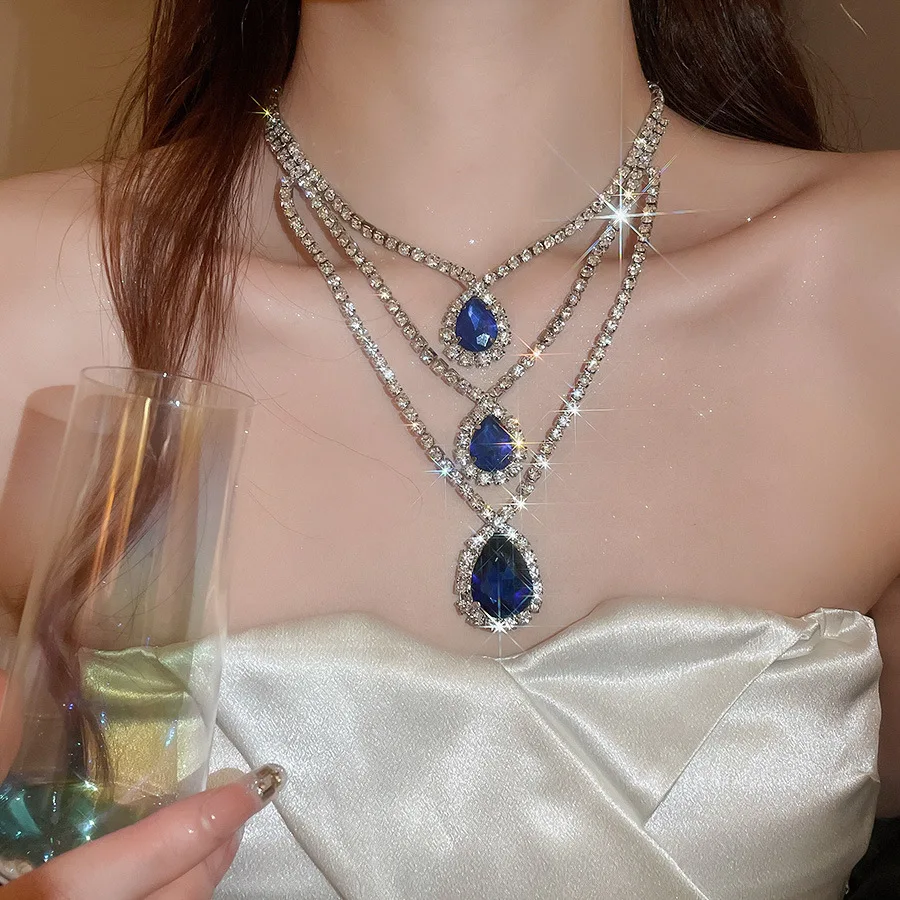 Super flash diamond three-layer water drop pendant necklace palace style elegant temperament clavicle chain