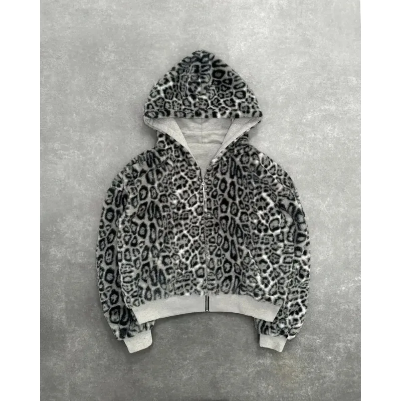 

New Two-sided Clothing Harajuku Retro Leopard Print Fashionable Loose Zipper Hoodie Men Street Hip-hop Casual Sweatshirt Women