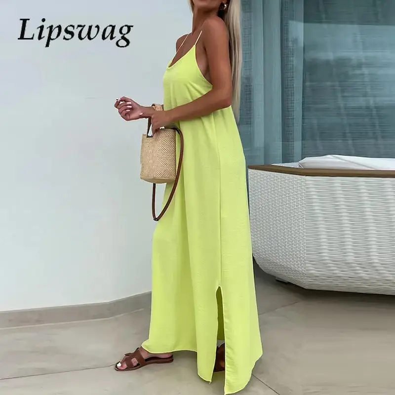 

Women Elegant Strap Split Vocation Dress 2024 Female Cross Backless Bohemian Beach Dress Summer Casual U-Neck Solid Long Dress