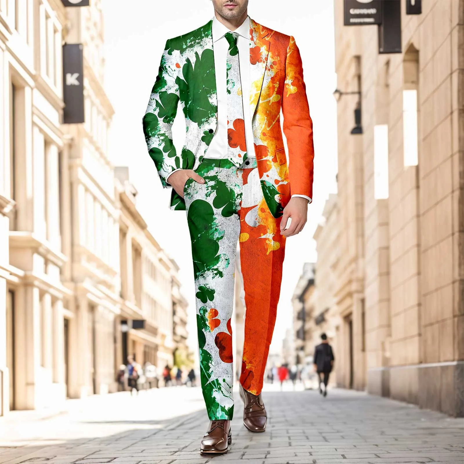 Abiti da uomo St Patricks Day Clovers Print Patchwork giacche Blazer con bottone singolo + set di pantaloni festa dello sposo set di 2 pezzi Slim di lusso