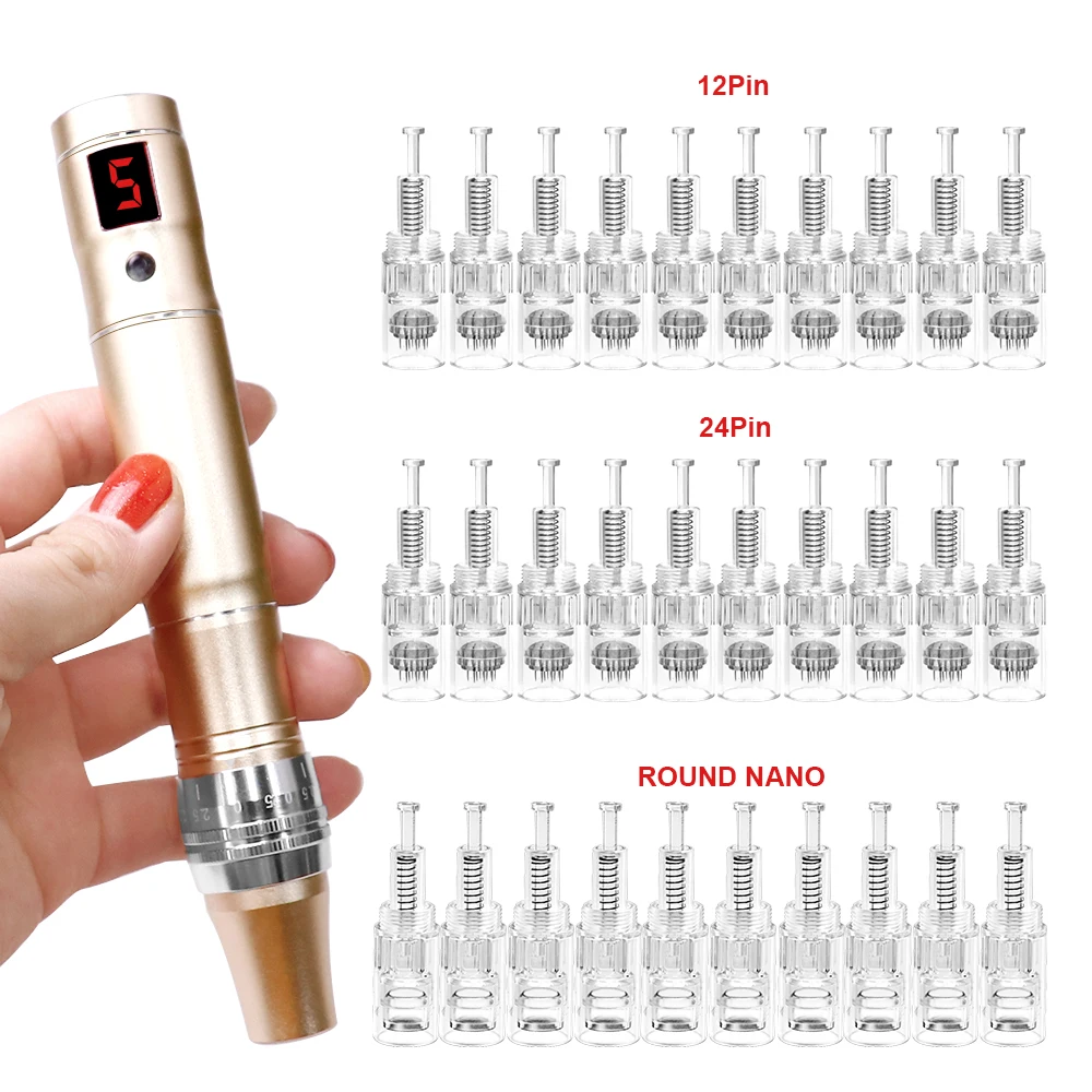 Professioneller kabelloser elektrischer Derma Pen, 5-stufig einstellbares Schönheitsgerät, ausgestattet mit 2 Ersatz-Mikronadel-Kartuschen. – Detail 11