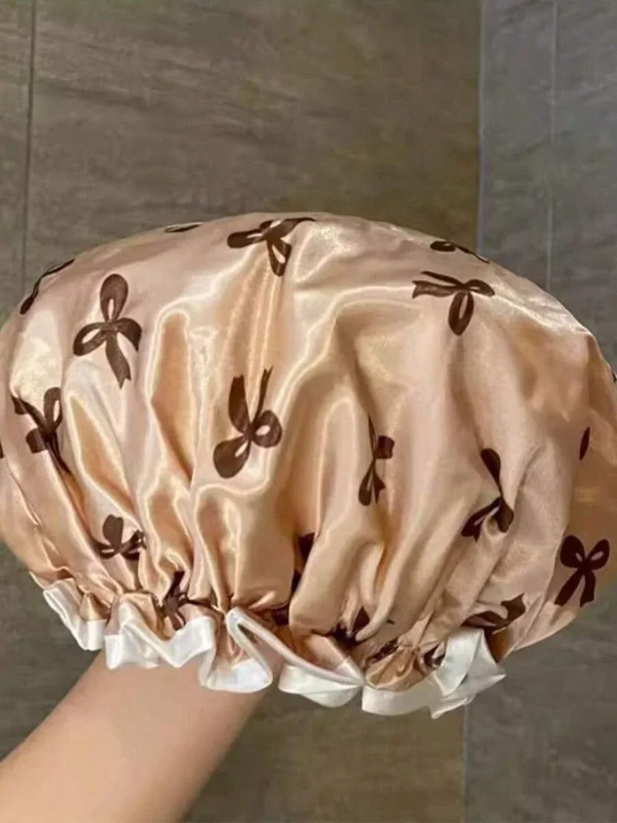 

Waterproof Double Layer Bow Shower Cap For Women Elastic Bath Cap Hair Drying Makeup Shampooing