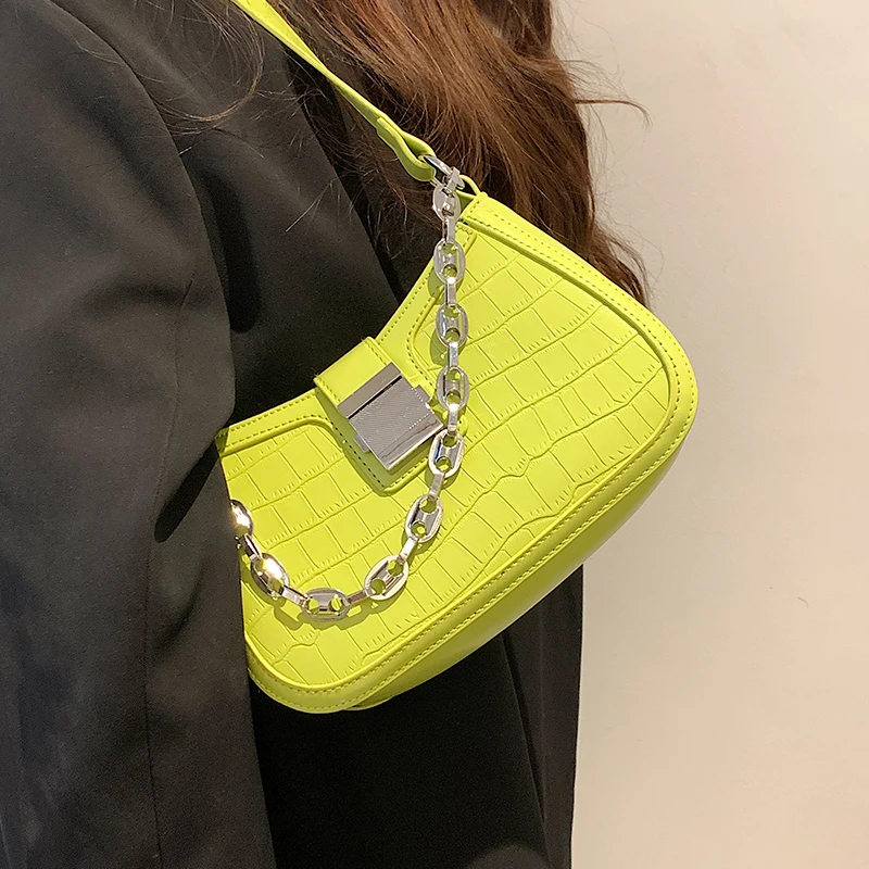 

Textured PU Leather Women Shoulder Bags Fashion Chain Candy Color Chic Handbags 2023 New Spring Summer Small Underarm Bags