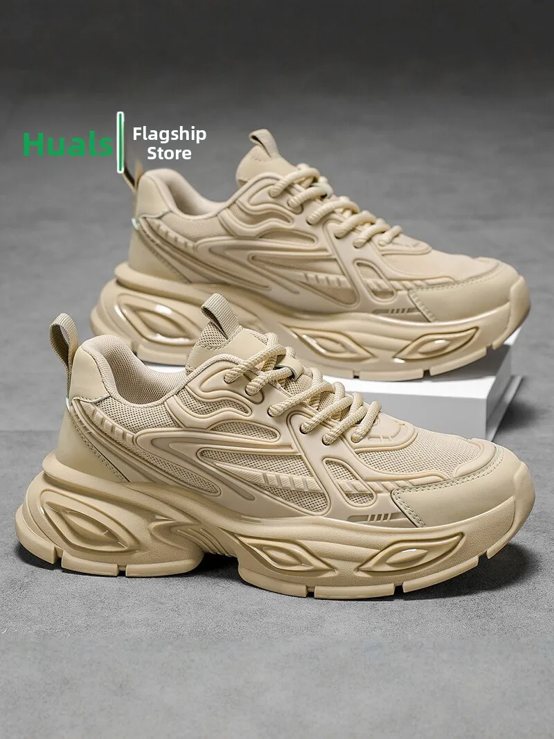 Men's Breathable Running Shoes Spring Autumn Thick Bottom Heightening Black Dad Sneakers Casual Sports Leisure Net Surface