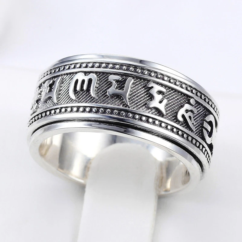 925 Thai Silver Craft Mens Rings Rotable Stereoscopic Embossed Design Glossy Six-character Mantra Domineering Vintage Jewelry