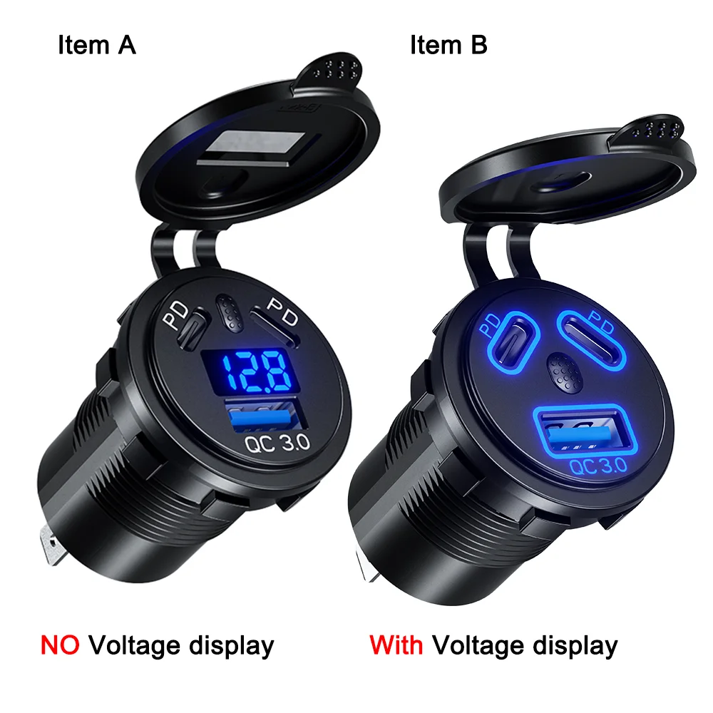 Three Port 12V/24V USB Charger Socket Dual PD 45W Type - C and 18W Quick Charge 3.0 USB Charger With Switch For Car Motorcycle