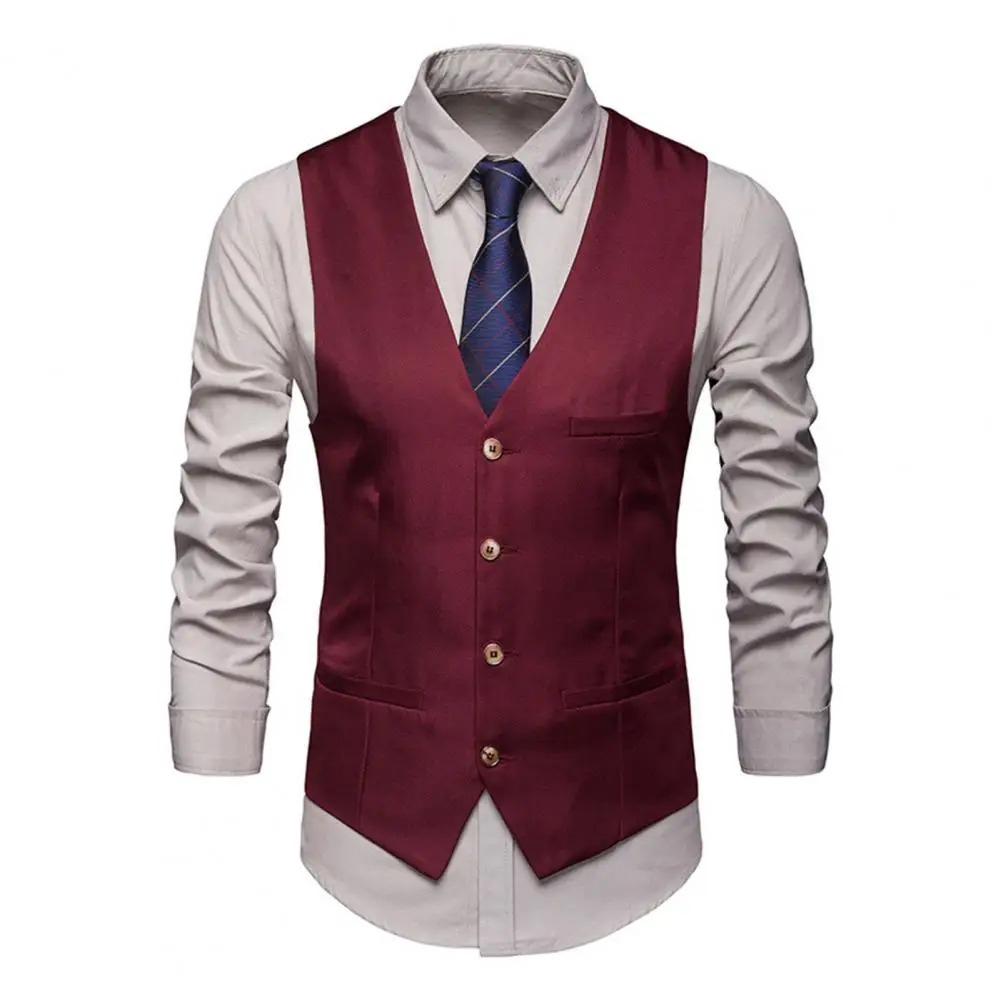 Men Suit Vest Formal Sleeveless V Neck Slim Fit Cardigan Single-breasted Waistcoat Silky Fabric Pockets Groom Wedding Waistcoat