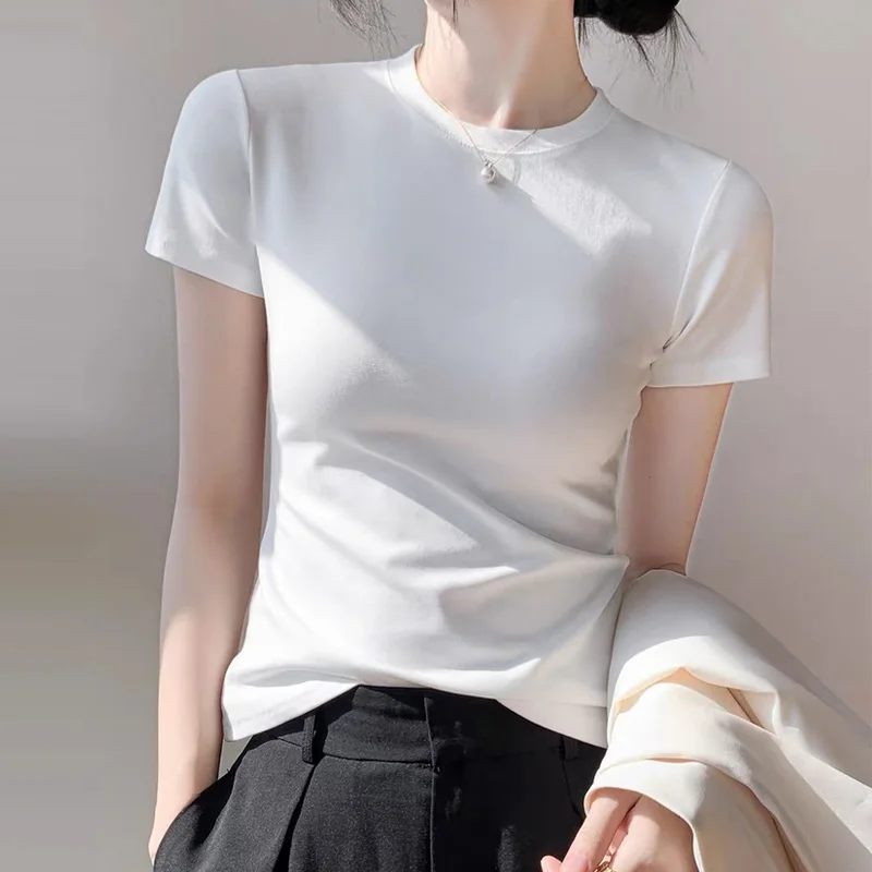Baumwoll-T-Shirt für Damen Sommer 21 Einfarbig O-Ausschnitt Sexy Büro-Damen T-Shirt Figurbetont Schmal Basic Top Lässige Modekleidung – Detail 2