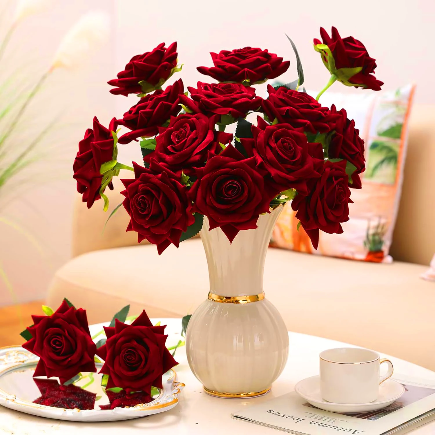 

YeeNanee Velvet Red Rose Artificial Flowers with Long Stem for Valentine's Day Wedding Floral Arrangements Home Table Decoration