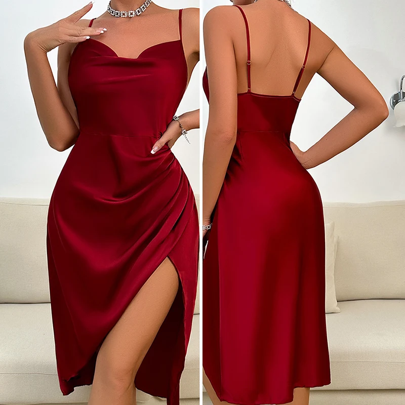 

Burgundy Suspender Nightgown Chemise Sleepwear Sexy Split Nightdress Intimate Lingerie Summer Silk Satin Home Wear Loungewear