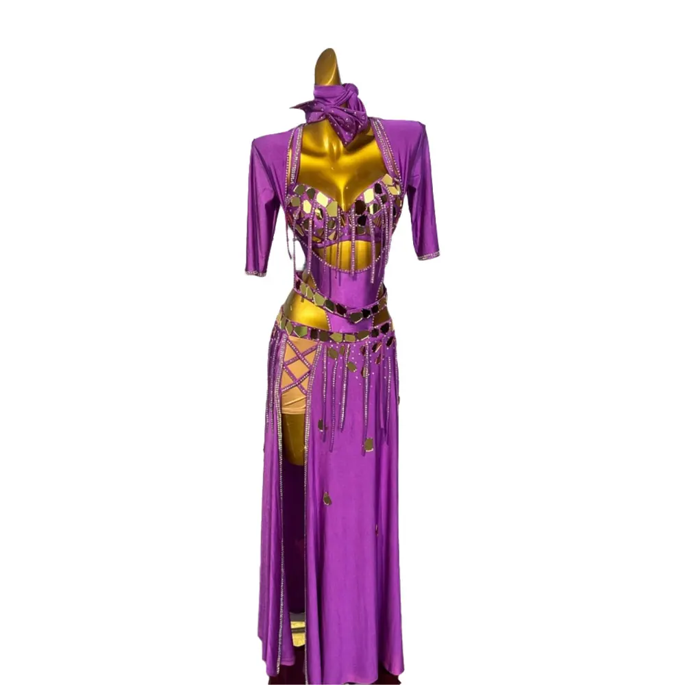 Belly Dance Performance Costume, Oriental Dance Performance Practice Costume, Gold Shiny Sequin Long Skirt Set