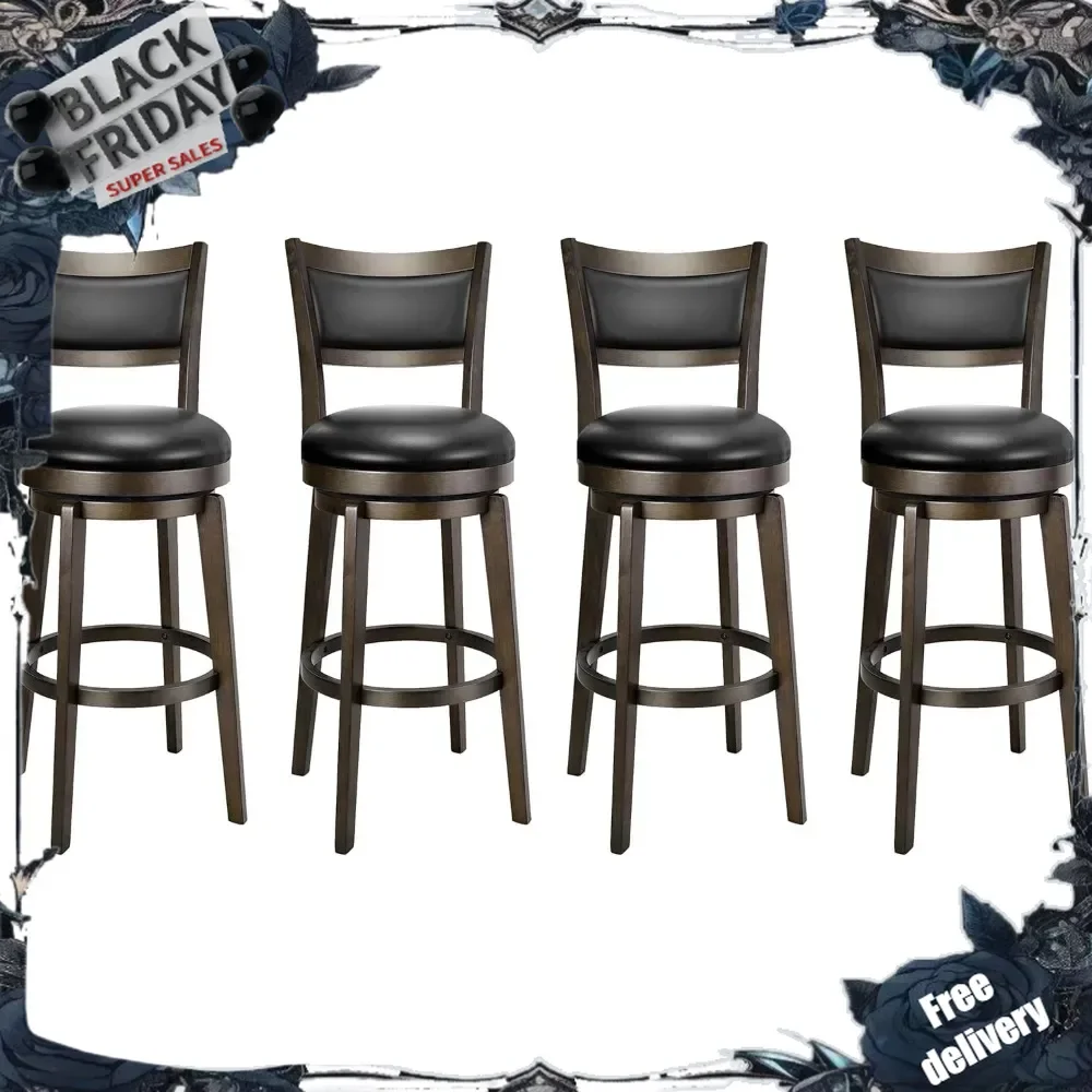 Swivel Bar Stools Set of 4, 30 Inch Bar Height Barstools, Black Faux Leather Bar Stool with High Backrest & Solid Wood Legs