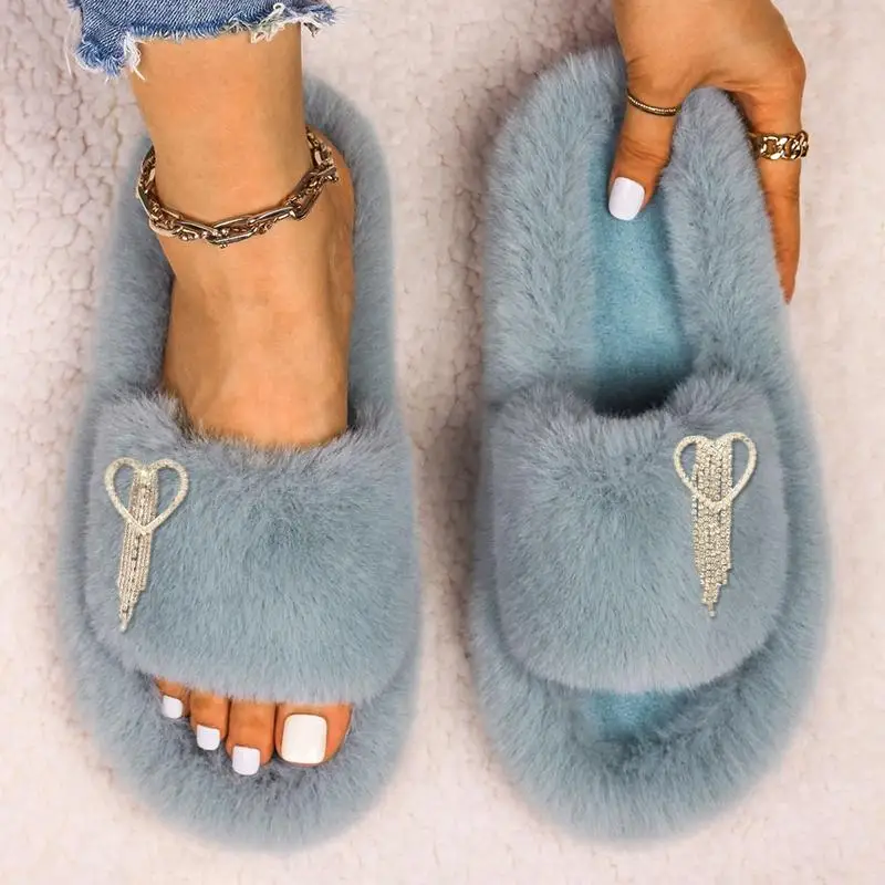 Ladies Home Soft Shoes Hollow Heart Tassel Women Warm Indoor Slippers Faux Fur Slippers Fashion Female Winter Sandals Flats