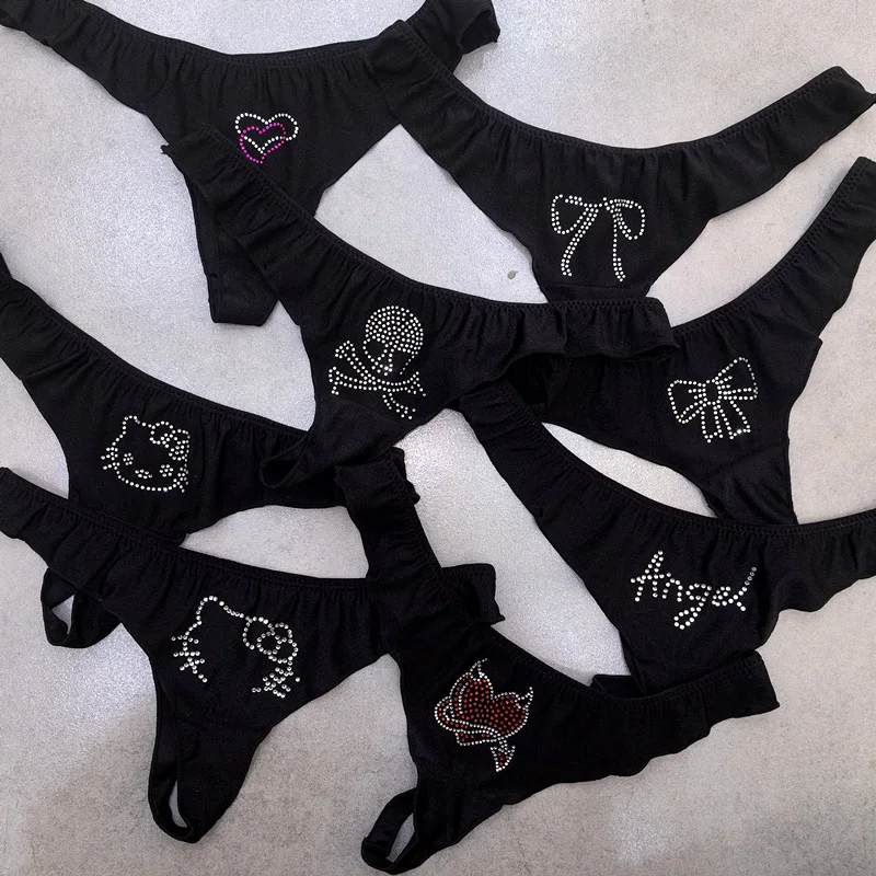 

Flash Rhinestone Cartoon Patterned Sexy Underwear Thong For Women Ice Silk Satin Panties Cotton Crotch Seamless Briefs Lingerie