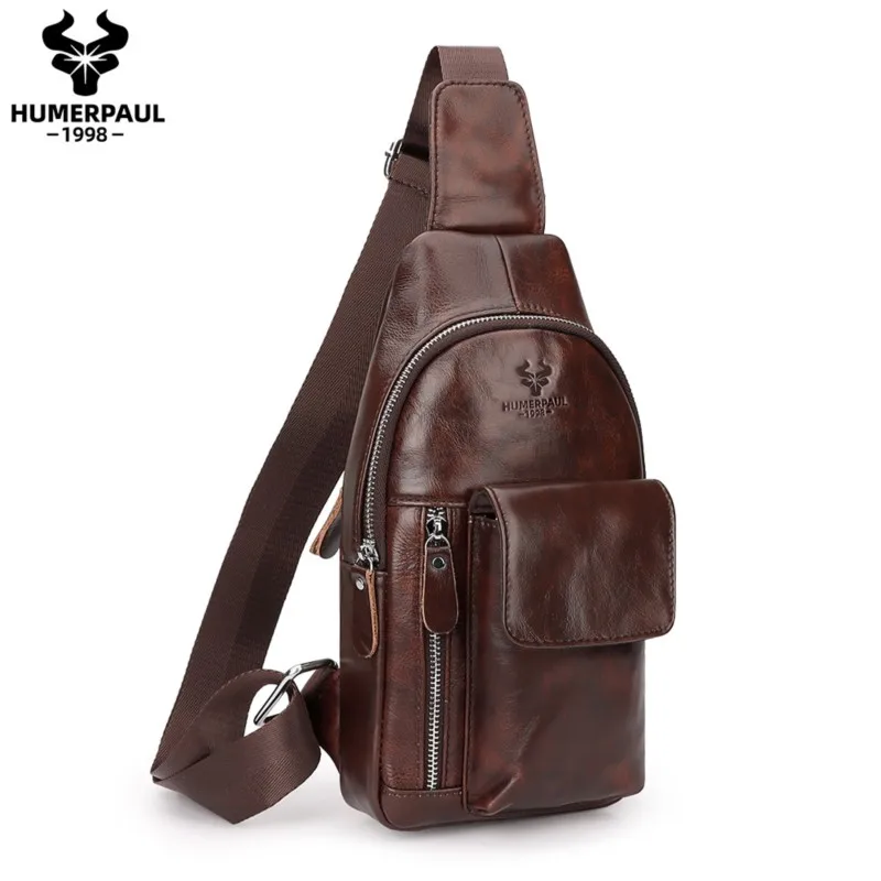 Retro Fashion Men's Genuine Cowhide Leather Single-Shoulder Bag Luxury Business Commuting Crossbody Chest Bag Male Bolsa Hombre