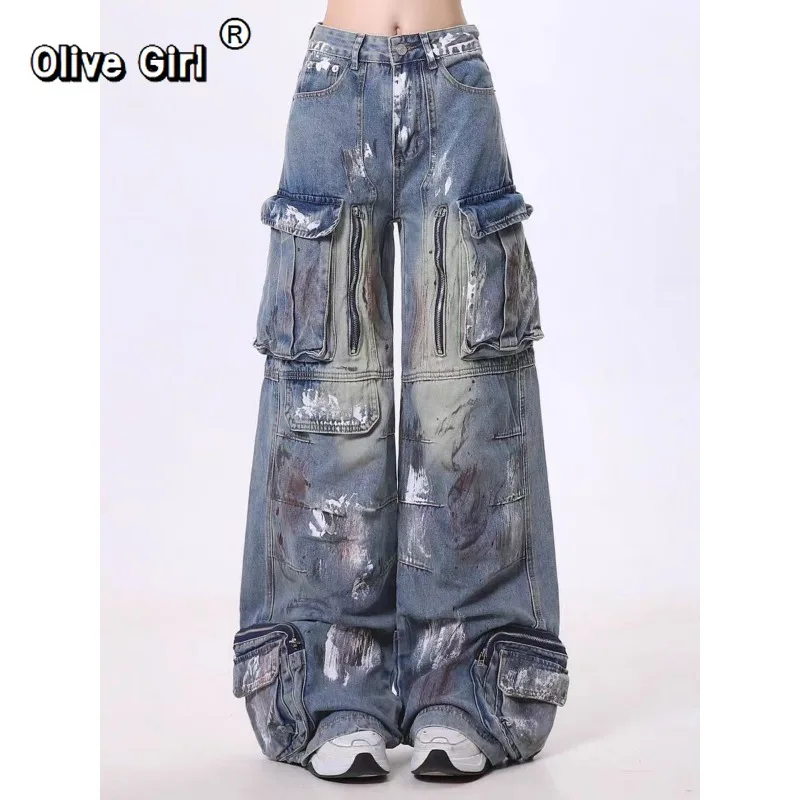 Olivegirl Denim Jeans American High Waist Graffiti Multi Pocket Jeans Trousers Women Men 2026 Spring Loose Fluffy Wide Leg Pants