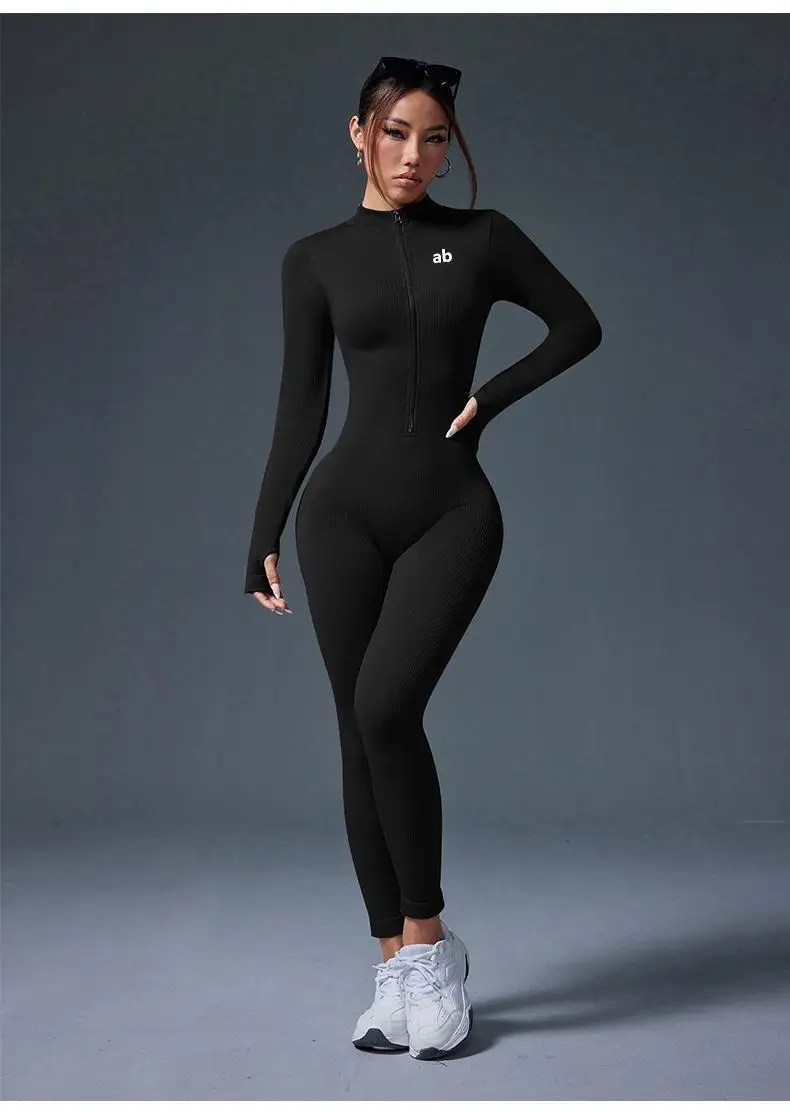 2026 One-piece Fitness Yoga Set for Women with Zipper, Standing Collar, Long Sleeves, Afterswing and Abdominal Control Pants
