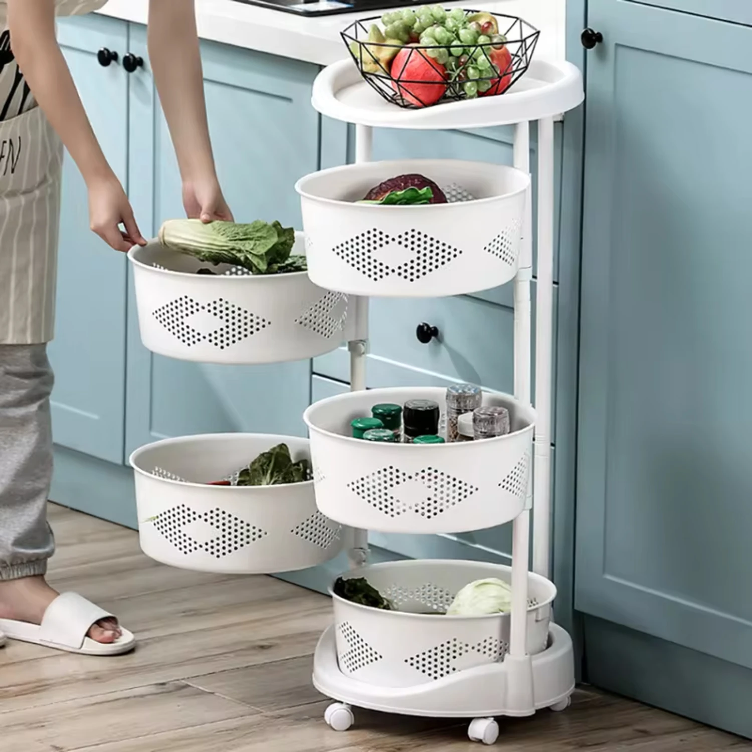 

5-Layer Kitchen Cart Removable Rotating Basket Vegetable Rack Multifunctional Basket with Wheels White