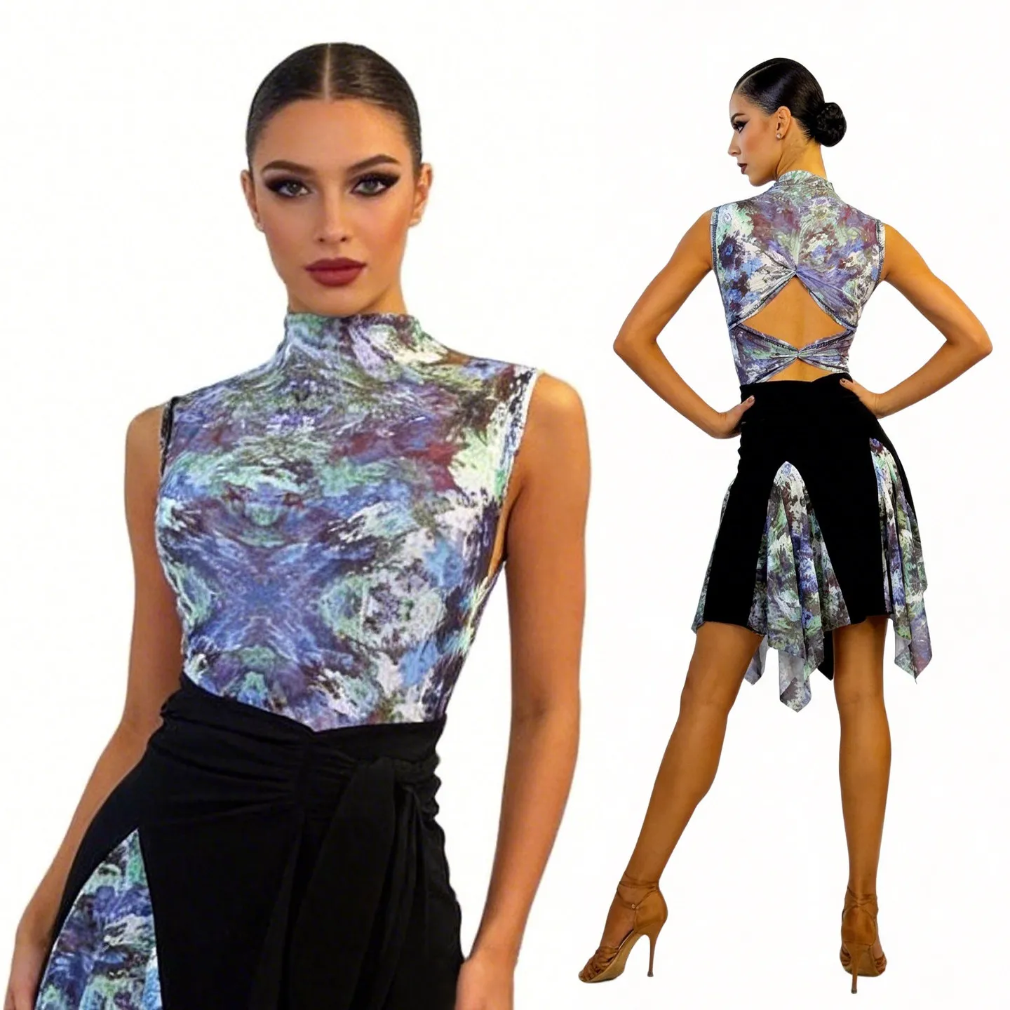 

Сексуальный синий комбинезон из сетки с принтом для латиноамериканских танцев (чача, румба, танго, самба), современных танцев и тренировок, для взрослых, модель DQL12627