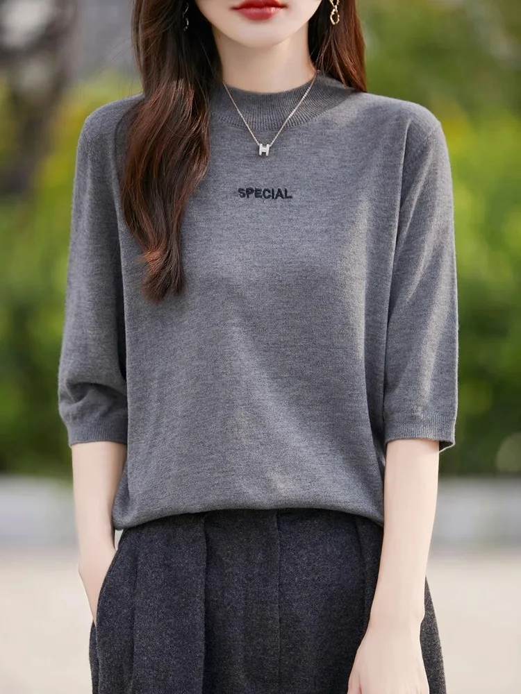 

Early Autumn 2024 Women's Casual Loose Knitted Base irt f High Collar Thin Spun Five Sve Loose Fit Commute Sle