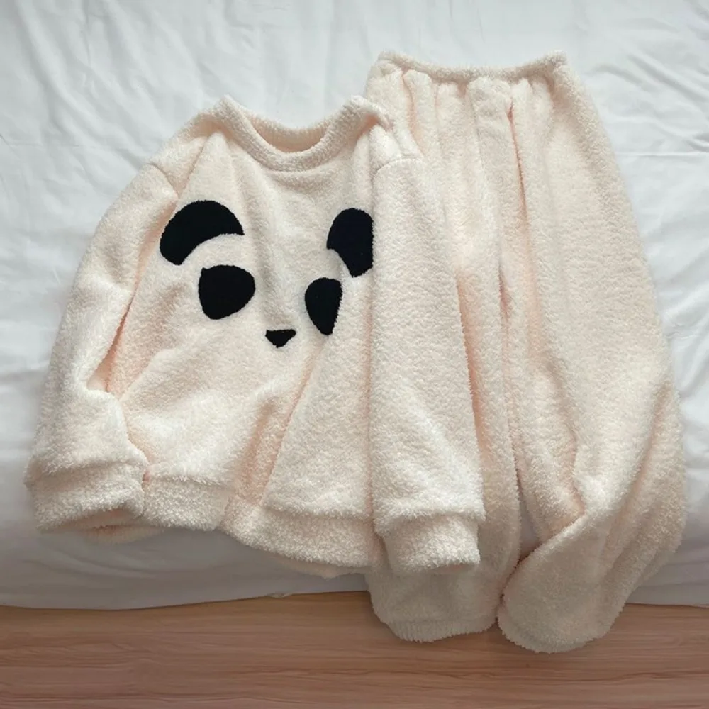 2026 New Arrival Women Cute Coral Fleece Sleepwear Set Thick Warm Fleece Lined Sleep Wear