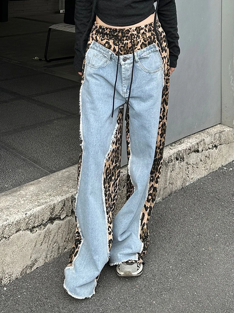 [EAM] High Waist Leopard Print Denim Color-block Long Wide Leg Jeans New Women Trousers Fashion Tide Spring Autumn 2024 1DH8739