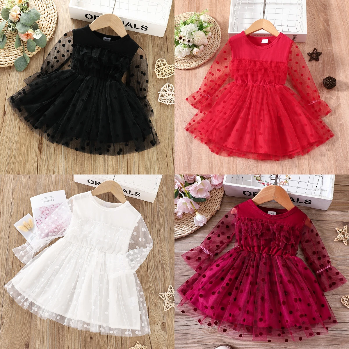 Spring and Autumn New Small and Medium Girls Baby Dot Lace Long sleeved Solid Princess Dress