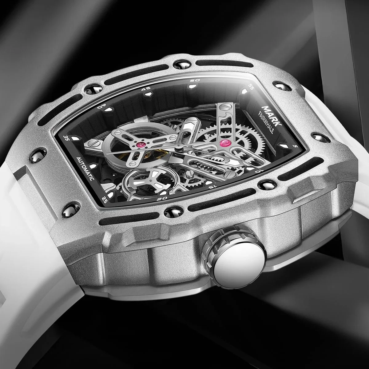 

Mark Fairwhale White Automatic Watch For Mens Sports Tonneau Skeleton Watches Man Fashion Tourbillon Mechanical Wristwatch Reloj