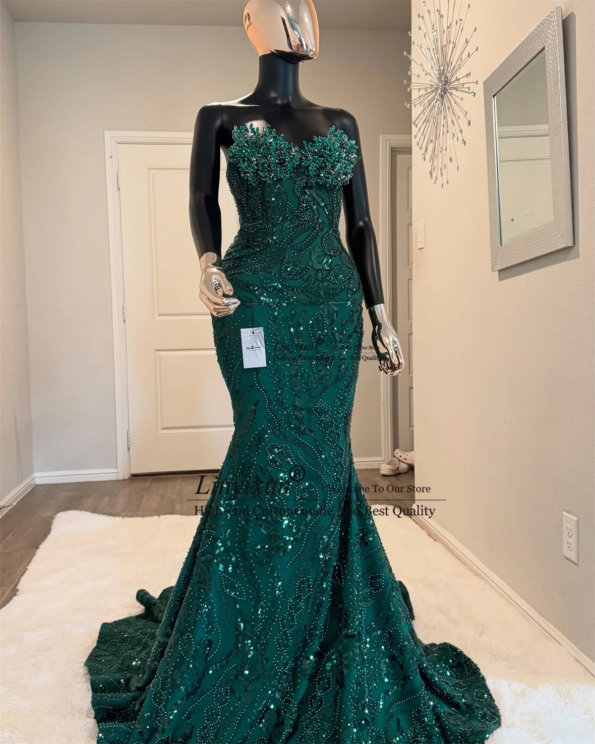 キラキラ輝くスパンコールとラインストーンのプロムドレス、カスタマイズされたマーメイドウェディングパーティガウン、黒人女性向けセクシーなアソエビ、イブニングローブ・ド・ソワレ