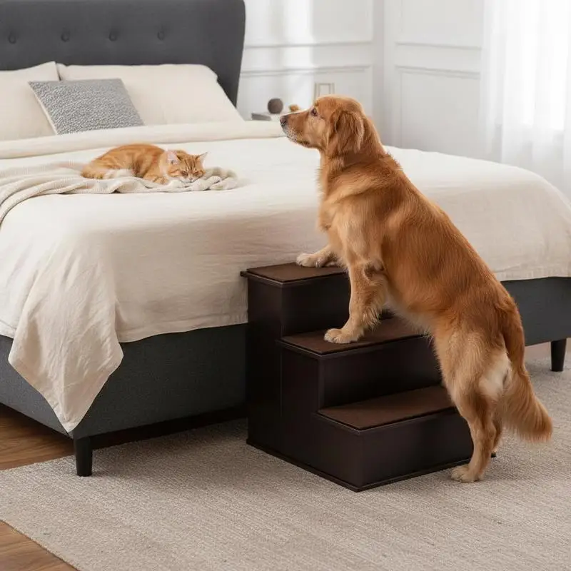 

4 Step Wooden Dog Steps Pet Stairs for Dogs, Cat Ladder for Bed Couch with Non-Slip Carpet 40 x 59 x 54.2 cm, Dark brown