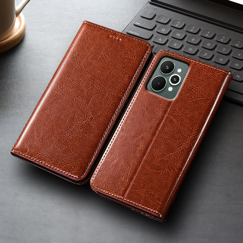 

Crazy Horse Genuine Leather Flip Case For Realme 13 14 14X 14T 15 Pro Plus Lite 4G 5G Phone Cover Card Cases Scratch Proof