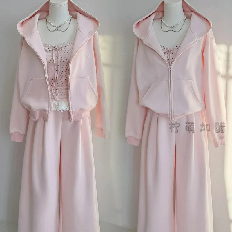 Women Korean Pink Hooded Cardigan Sweatshirt Polka Dot Sling Vest Lace Wide-leg Pants Casual Three-piece Suit Female Autumn New view 3
