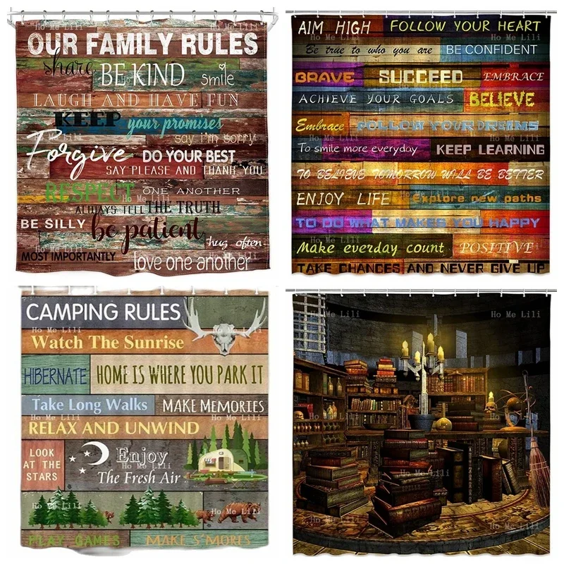 Inspirational Quotes Retro Library Medieval Bookshelf Family Camping Rules Motivational Positive Shower Curtain With Hooks