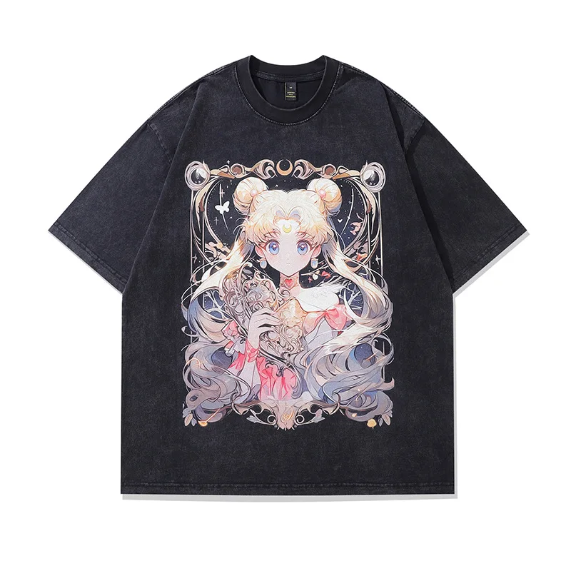Sailor Moon Harajuku Street Tide Brand Sweet Cool Cartoon stampato lavato vecchio T-shirt a maniche corte di alta qualità per uomo e donna