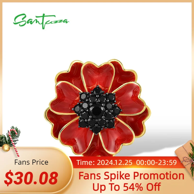 SANTUZZA Authentic 925 Sterling Silver Pendant for Women Black Spinel Red Blossom Sun Flower Enamel Party Fashion Fine Jewelry