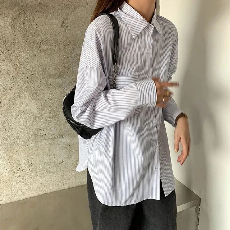 Chemisier coréen à manches longues pour femmes, rayé, assorti avec tout, col ample, Style paresseux, hauts à la mode, vêtements décontractés pour femmes, nouvelle collection printemps automne