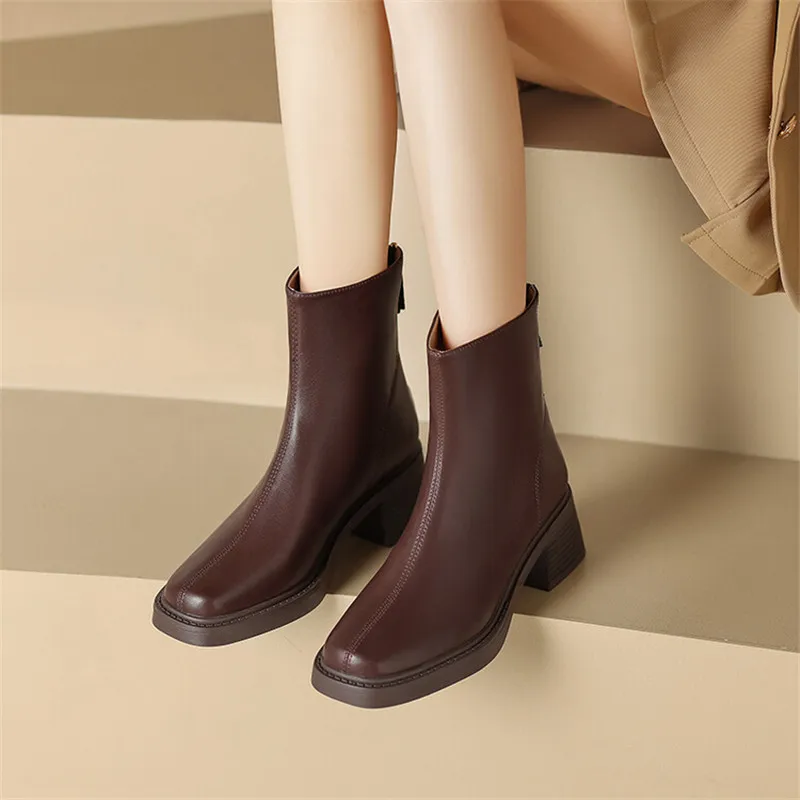 New Autumn Winter Split Leather Women Shoes Fashion Round Toe Short Boots for Women Chunky Heels Boots Zapatos Mujer High Heels