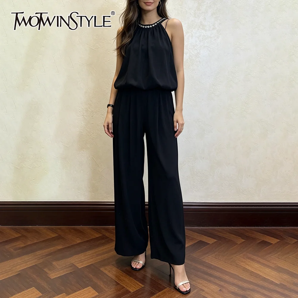 

TWOTWINSTYLE Loose Casual Two Piece Sets for Women Round Neck Sleeveless Spliced Sequins Top High Waist Pant Set Female Fashion