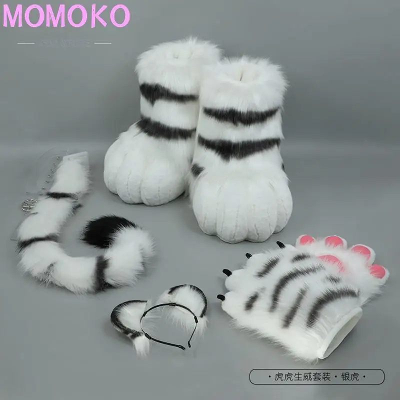 Guanti da tigre cosplay unisex Guanti da pantofola in peluche a forma di zampa di animale del fumetto Guanti di Halloween Polsini pelosi Guanti