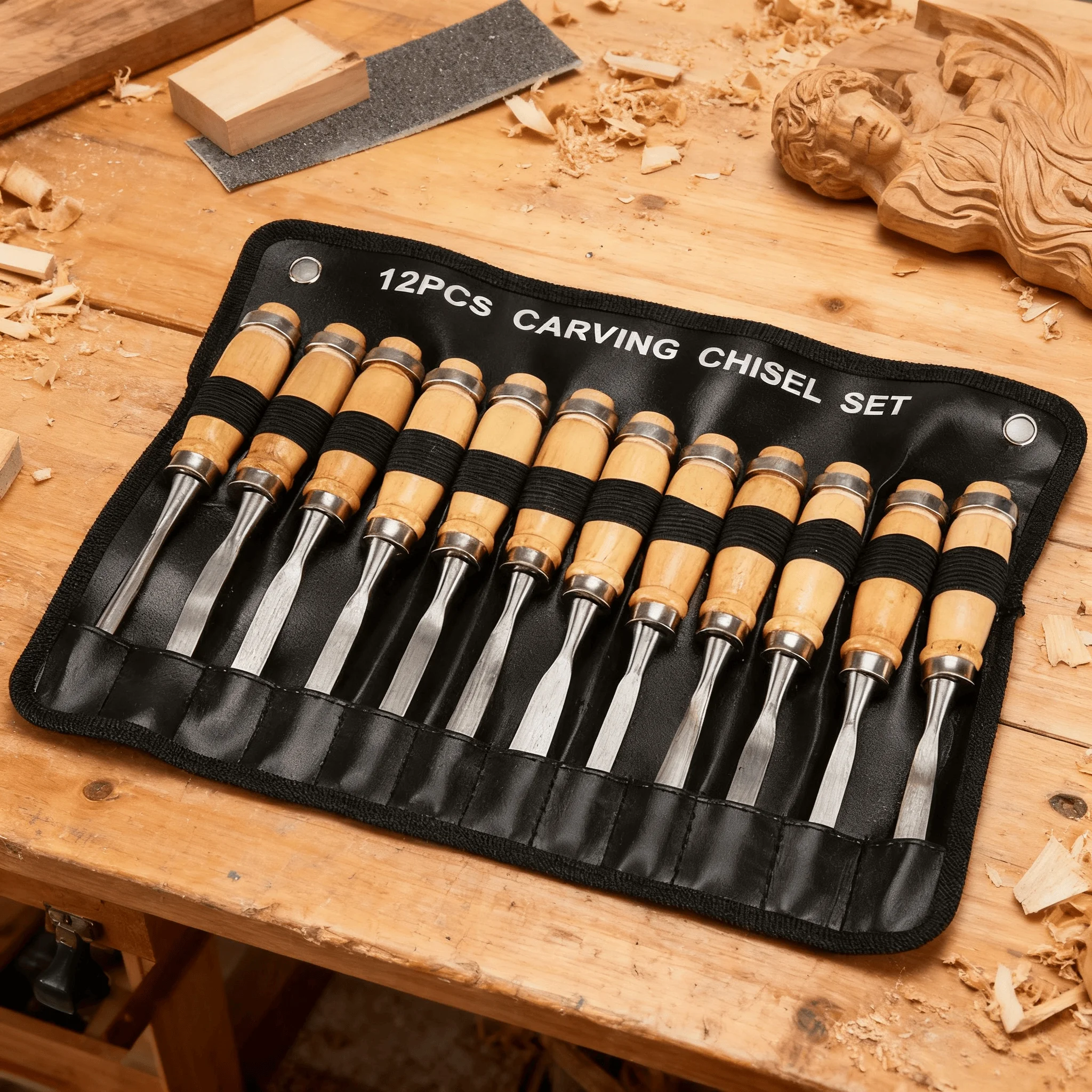 12Pcs Wood Carving Chisel Set Professional Woodworking Flat Chisels with Premium Solid Wood Handle DIY Carving Hand Tools