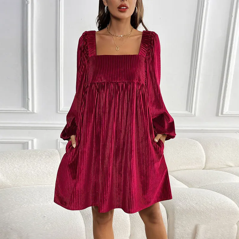 

Autumn Winter New Women's Elegant Velvet Square Neck Backless Dress Loose Fit Commuting Date Evening Gown