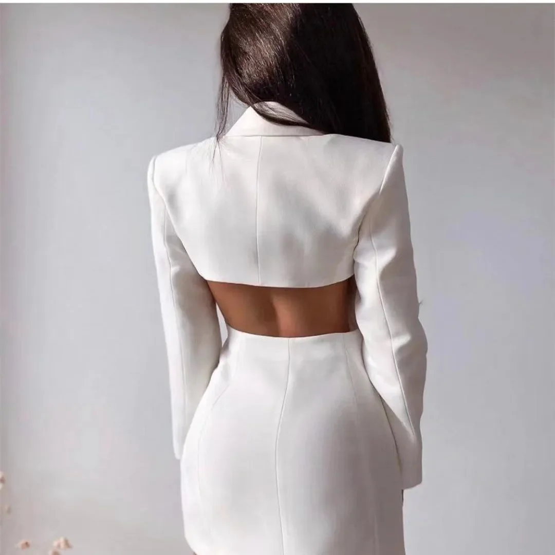 Women Elegant Blazer Solid Double Breasted Backless Long Sleeve Thin Slim Blazers Office Lady Fashion Suits Dress