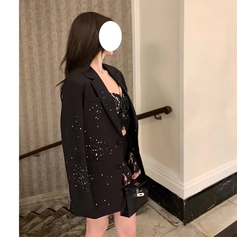 2024 Autumn Suit Coat Fashion Rhinestone Diamonds Black Suit Jacket Women\'s Shinning Blazer Coats Outwear Office Lady G623