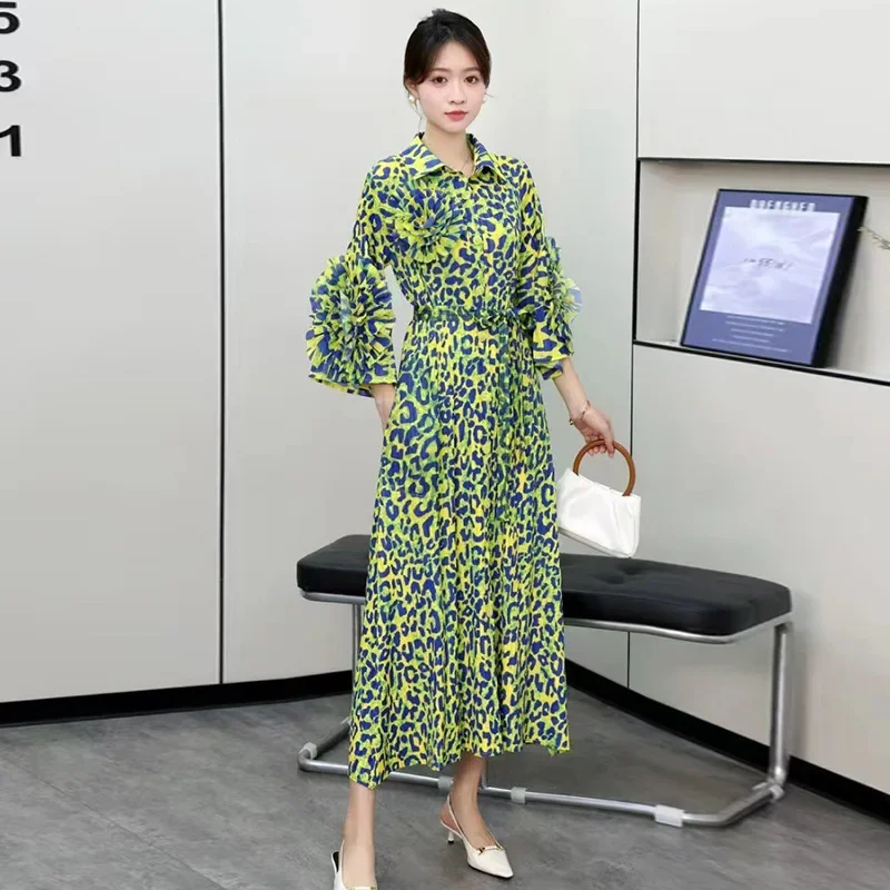 Miyake Geplooide Jurk Vrouwen Fashion Print 3d Bloemen Gesplitst Design Riem Verzameld Taille Elegantie Lange Jurken 2024 Nieuwe Kleding