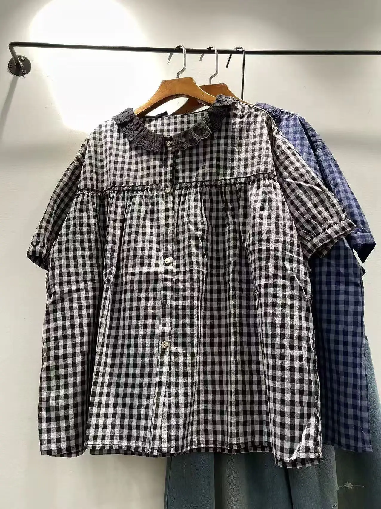 Bust 128cm Mori girl summer Japanese style lace collar blue black checkered shirts and blouses for women 100% cotton vintage top