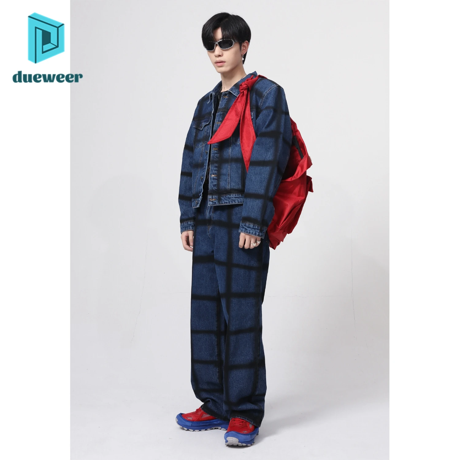 DUEWEER Spring Autumn Baggy Plaid Casual Denim Suit Men Short Top Denim Jacket Straight Pants Baggy Jeans Office Streetwear